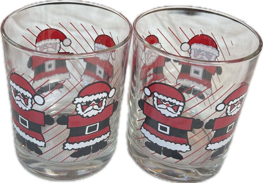 Set of 2 Vintage Luminarc Santa Claus Red Stripes Lowball Rocks Glass